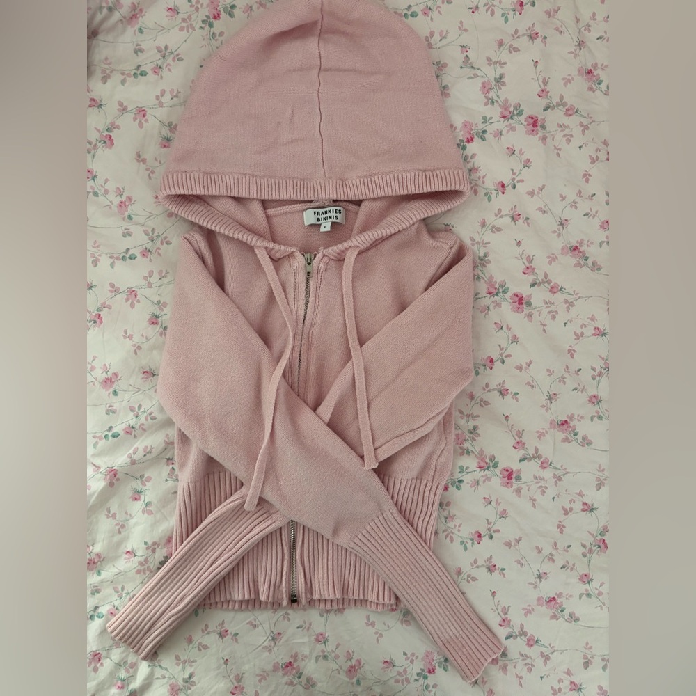 Frankie’s Bikinis pink knit cropped hoodie